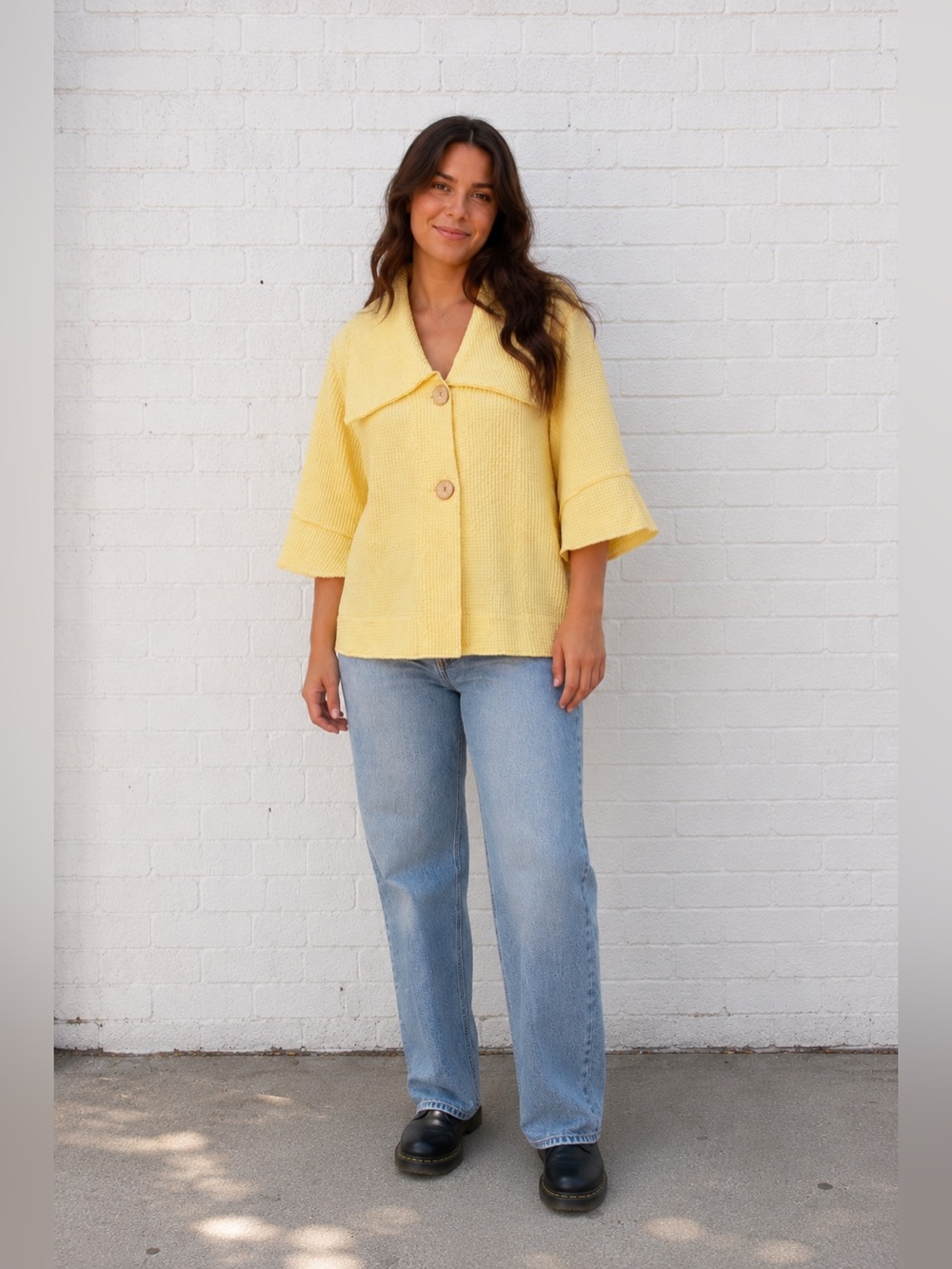 Vintage 90s Yellow Waffle Oversized Jacket Women Size Large lagenlook 3/4 sleeve - Picture 2 of 9